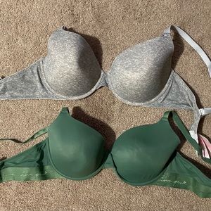 2 Victoria’s Secret Pink bras. 36DD -grey and green